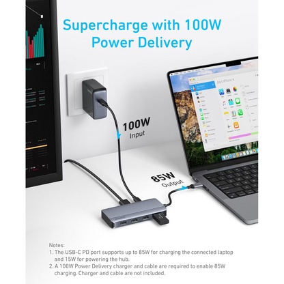 Hub USB-C Anker, 1 x USB-A 3.2 - 3 x USB-A - 1 x USB-C - 2 x HDMI, Harmaa A83740A2