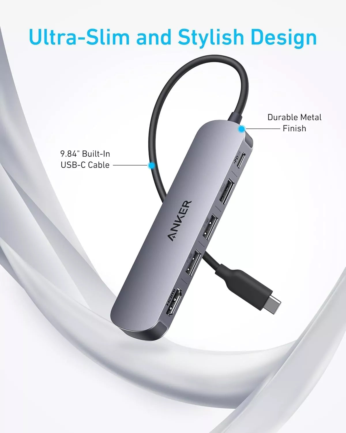 Anker USB-C -keskitin, 2 x USB-A - 1 x USB-A 3.0 - 1 x USB-C - 1 x HDMI, Harmaa A8357HA0