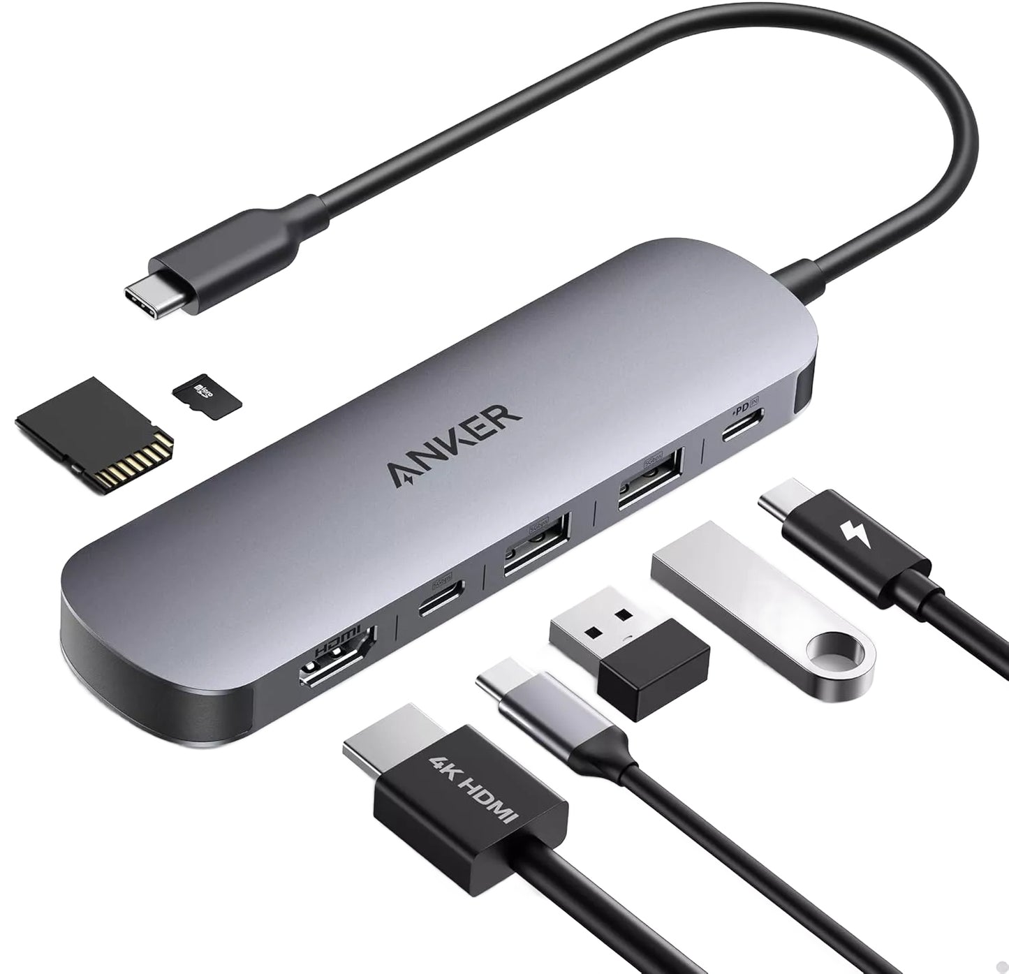 Hub USB-C Anker, 2 x USB-A 3.0 - 2 x USB-C - 1 x HDMI - 1 x SD - 1 x microSD, Harmaa A83D2HA1