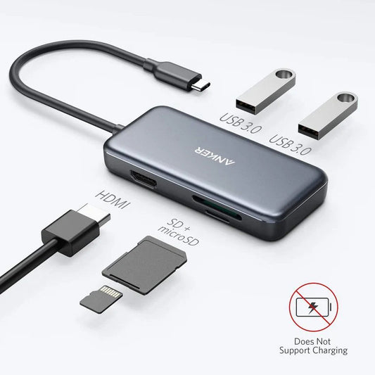 Hub USB-C Anker, 2 x USB-A 3.0 - 1 x HDMI - 1 x SD - 1 x microSD, Musta A8334HA1
