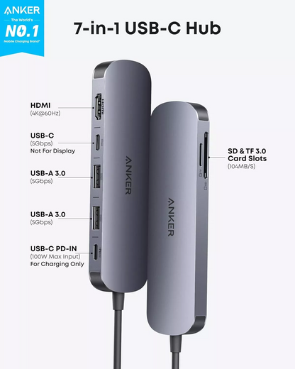 Hub USB-C Anker, 2 x USB-A 3.0 - 2 x USB-C - 1 x HDMI - 1 x SD - 1 x microSD, Harmaa A83D2HA1