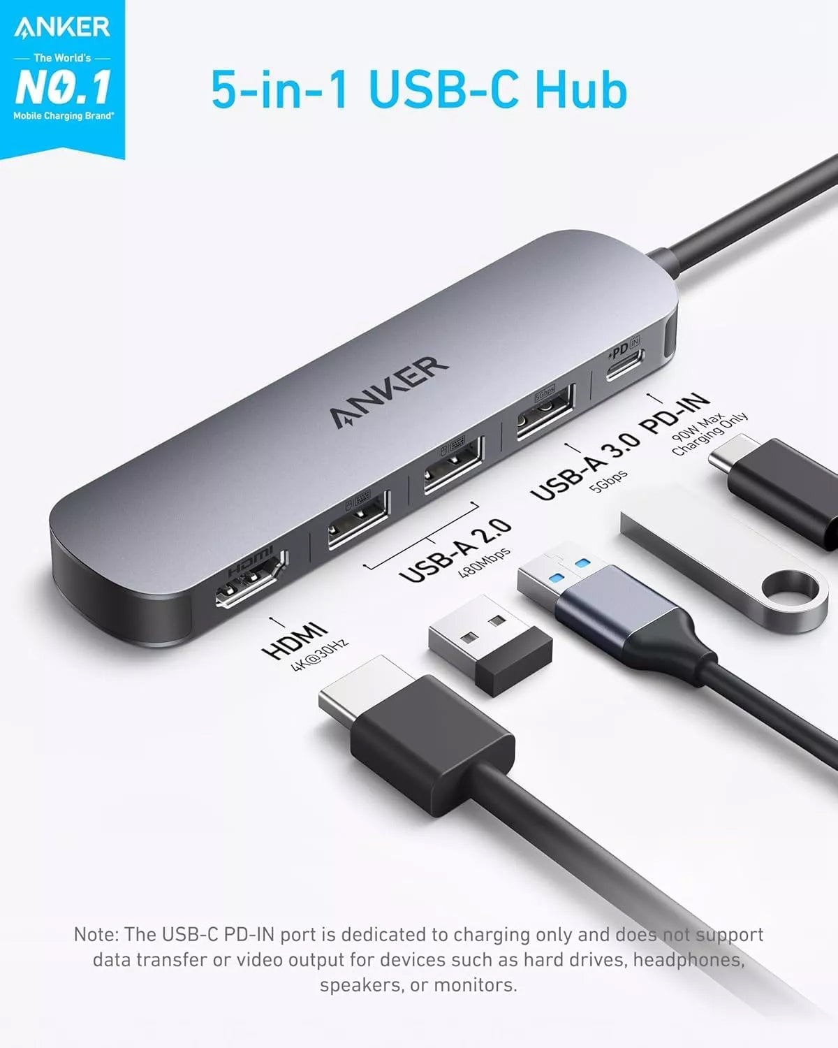 Anker USB-C -keskitin, 2 x USB-A - 1 x USB-A 3.0 - 1 x USB-C - 1 x HDMI, Harmaa A8357HA0