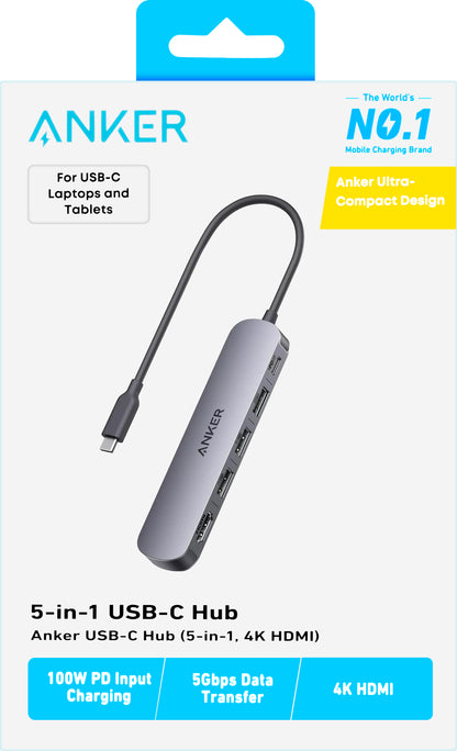Anker USB-C -keskitin, 2 x USB-A - 1 x USB-A 3.0 - 1 x USB-C - 1 x HDMI, Harmaa A8357HA0