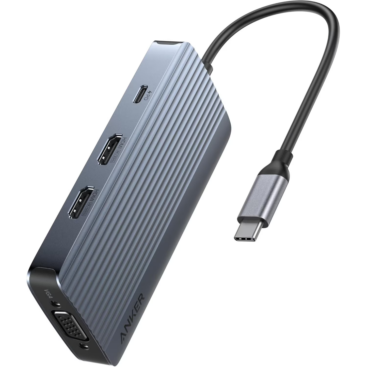 Hub USB-C Anker, 3 x USB-A 3.0 - 2 x USB-C - 2 x HDMI - 1 x VGA, Harmaa A83790A2