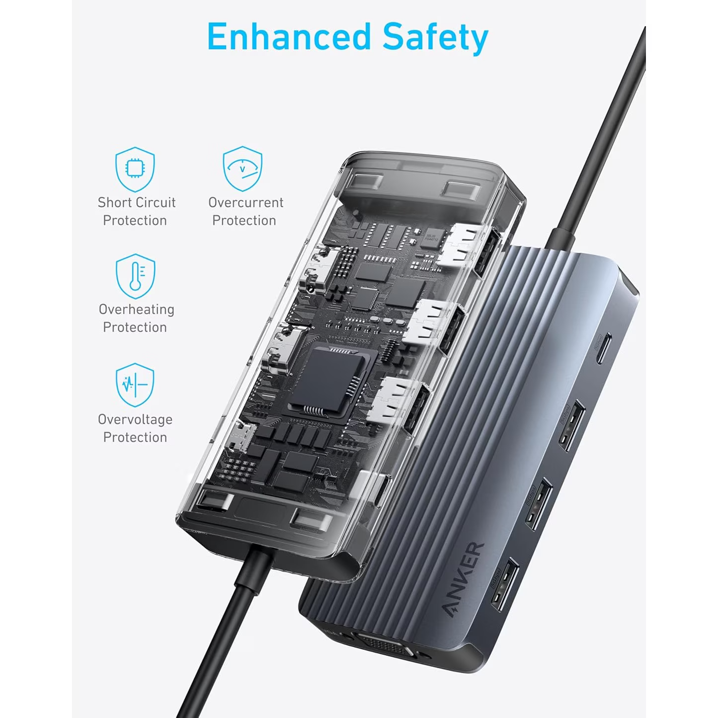 Hub USB-C Anker, 3 x USB-A 3.0 - 2 x USB-C - 2 x HDMI - 1 x VGA, Harmaa A83790A2