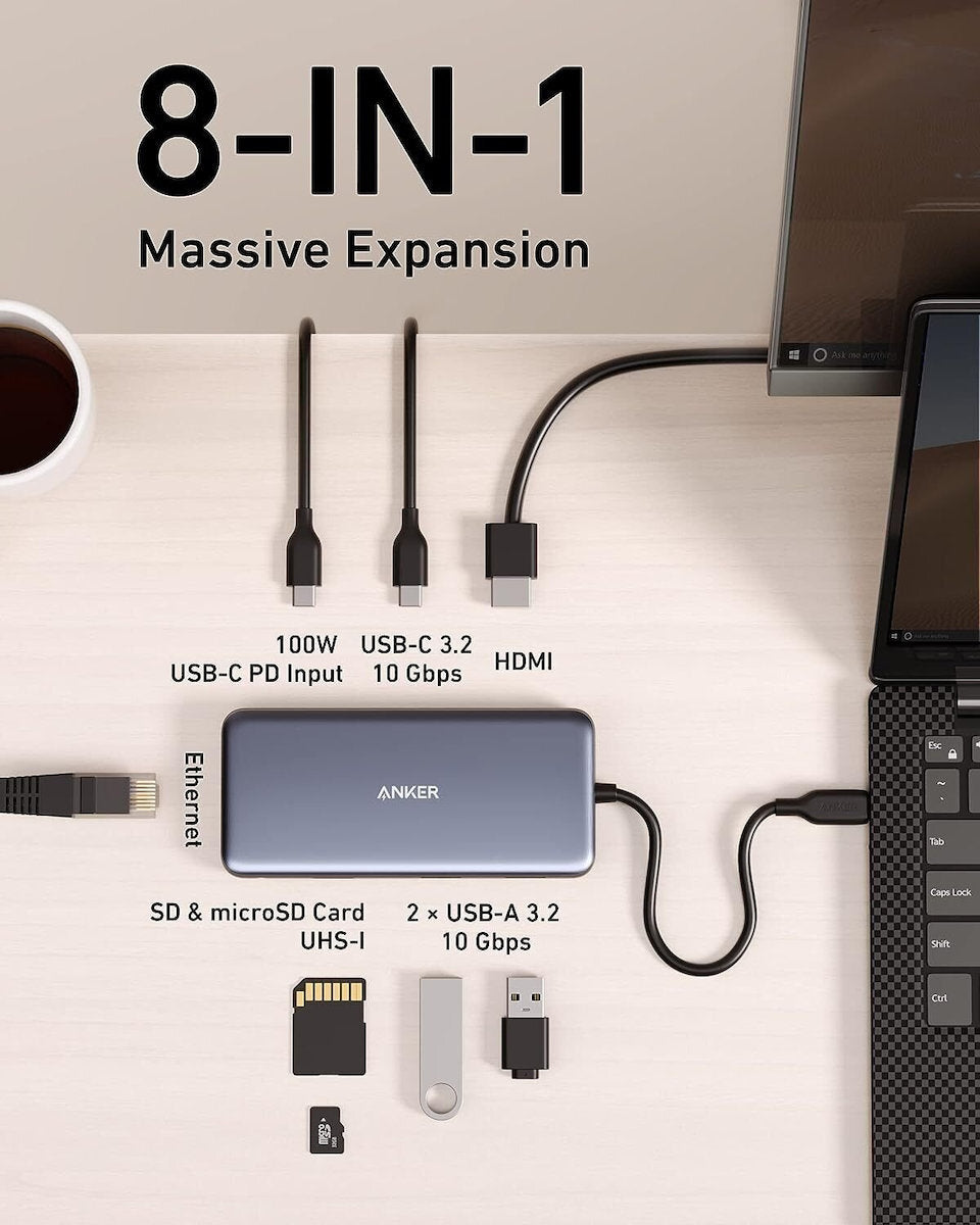 Hub USB-C Anker 555, 2 x USB-A 3.2 - 2 x USB-C - 1 x HDMI - 1 x RJ45 - 1 x SD - 1 x microSD, Harmaa A83830A2