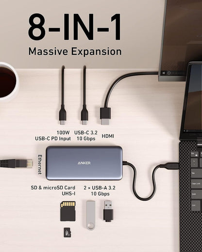 Hub USB-C Anker 555, 2 x USB-A 3.2 - 2 x USB-C - 1 x HDMI - 1 x RJ45 - 1 x SD - 1 x microSD, Harmaa A83830A2
