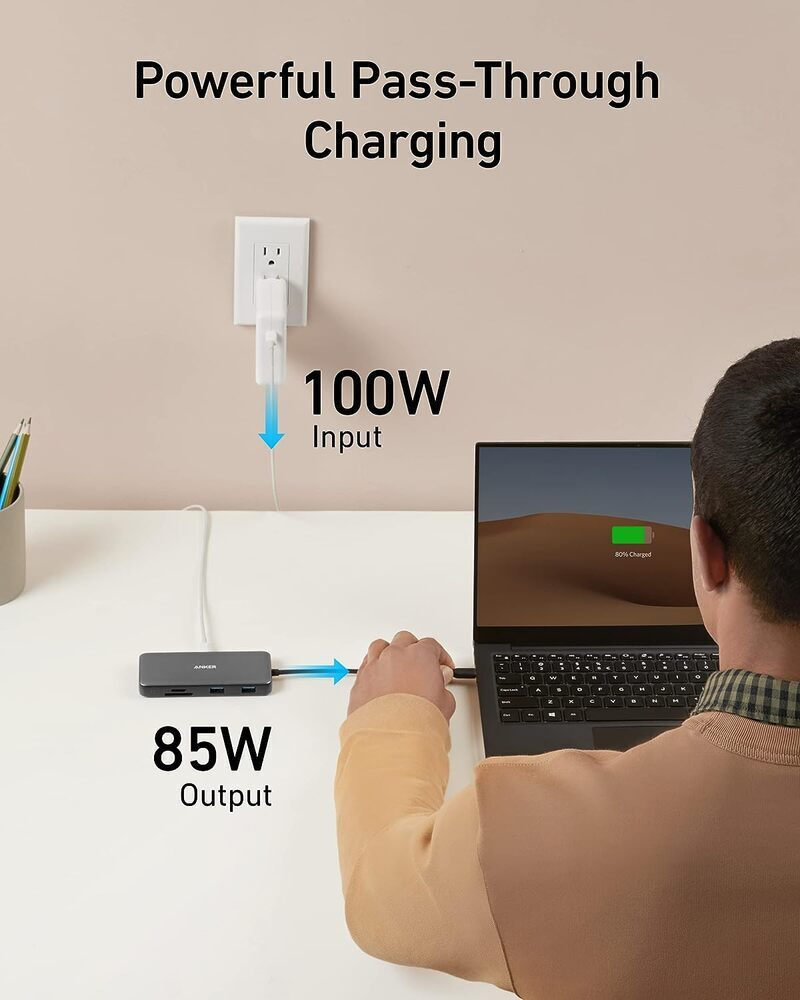Hub USB-C Anker 555, 2 x USB-A 3.2 - 2 x USB-C - 1 x HDMI - 1 x RJ45 - 1 x SD - 1 x microSD, Harmaa A83830A2