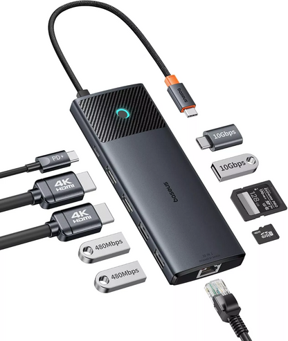 Hub USB-C Baseus Dual Display, 1 x USB-A 3.0 - 2 x USB-A - 2 x USB-C - 2 x HDMI - 1 x RJ45 - 1 x SD - 1 x microSD, Musta B00061800123-01