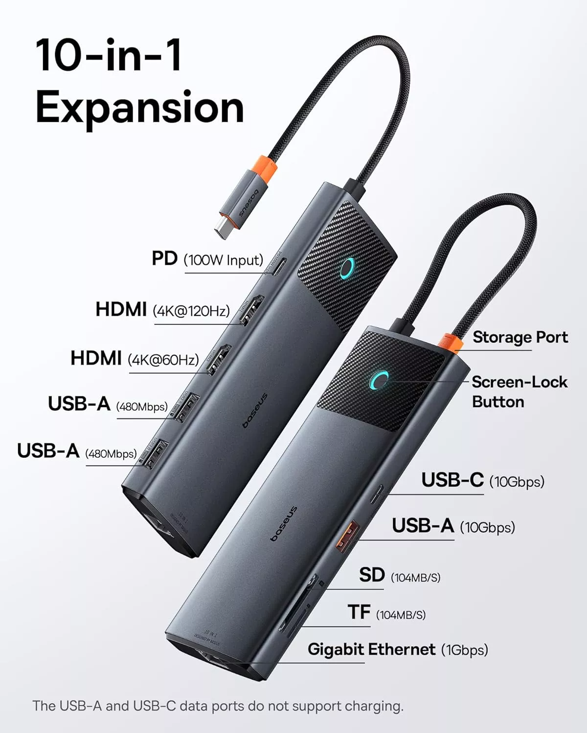 Hub USB-C Baseus Dual Display, 1 x USB-A 3.0 - 2 x USB-A - 2 x USB-C - 2 x HDMI - 1 x RJ45 - 1 x SD - 1 x microSD, Musta B00061800123-01