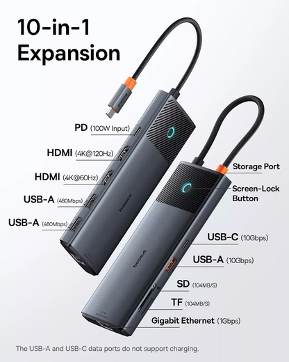 Hub USB-C Baseus Dual Display, 1 x USB-A 3.0 - 2 x USB-A - 2 x USB-C - 2 x HDMI - 1 x RJ45 - 1 x SD - 1 x microSD, Musta B00061800123-01