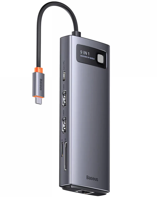 Baseus Joystar USB-C -keskitin, 2 x USB-A 3.2 - 1 x USB-A - 1 x USB-C - 2 x HDMI - 1 x RJ45 - 1 x SD - 1 x microSD, Harmaa WKWG060013