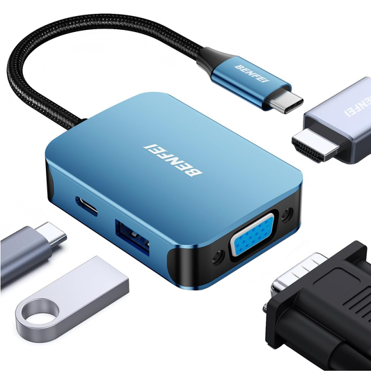 Benfei USB-C -keskitin, 1 x USB-A 3.0 - 1 x USB-C - 1 x HDMI - 1 x VGA, Sininen