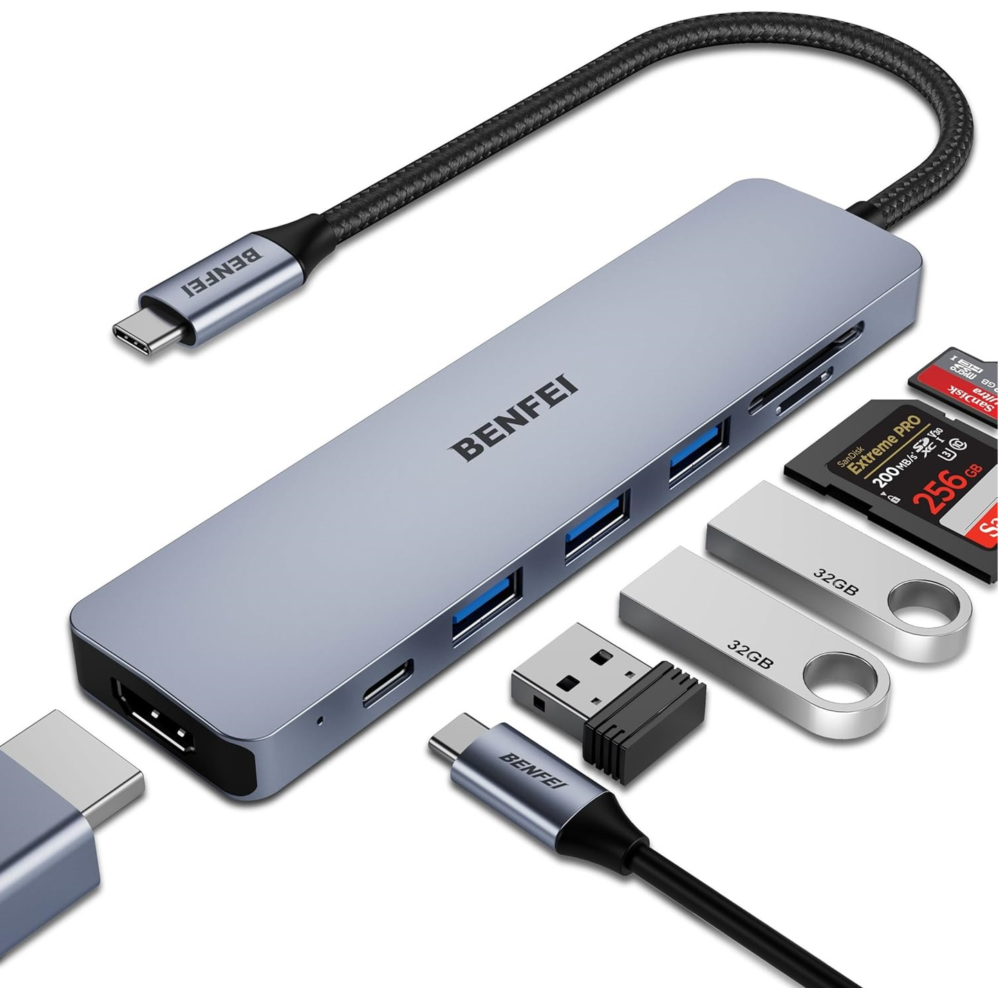 Benfei USB-C -keskitin, 3 x USB-A 3.0 - 1 x USB-C - 1 x HDMI - 1 x SD - 1 x microSD, Harmaa