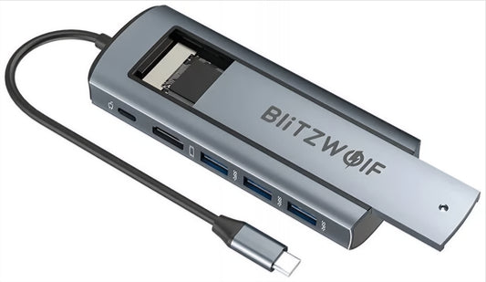 Hub USB-C BlitzWolf BW-Neo TH13, 3 x USB-A 3.0 - 1 x USB-C - 1 x Display Port - 1 x SSD-liitäntä, Harmaa