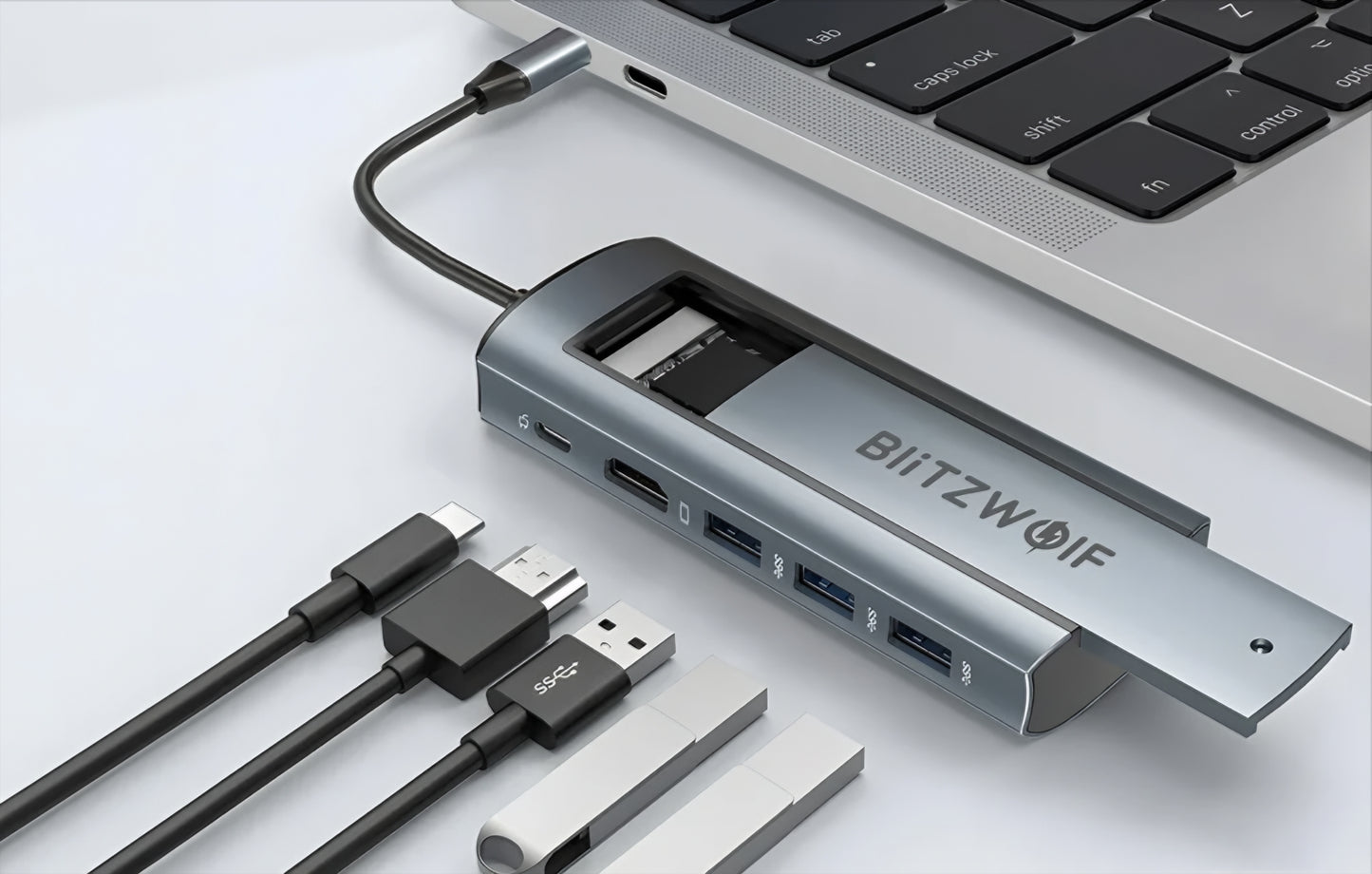 Hub USB-C BlitzWolf BW-Neo TH13, 3 x USB-A 3.0 - 1 x USB-C - 1 x Display Port - 1 x SSD-liitäntä, Harmaa