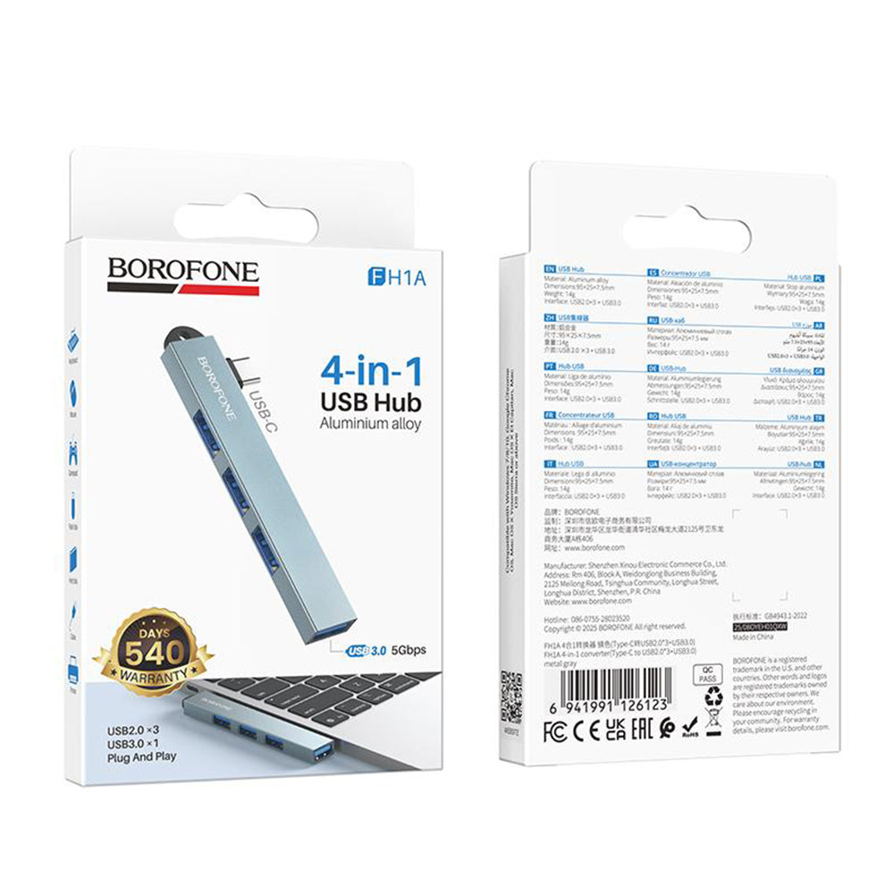 Borofone FH1A USB-C-keskitin, 4-in-1, Harmaa