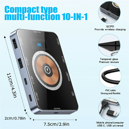 USB-C-hubi langattomalla QI-latauksella OEM YC7209, 10in1, harmaa