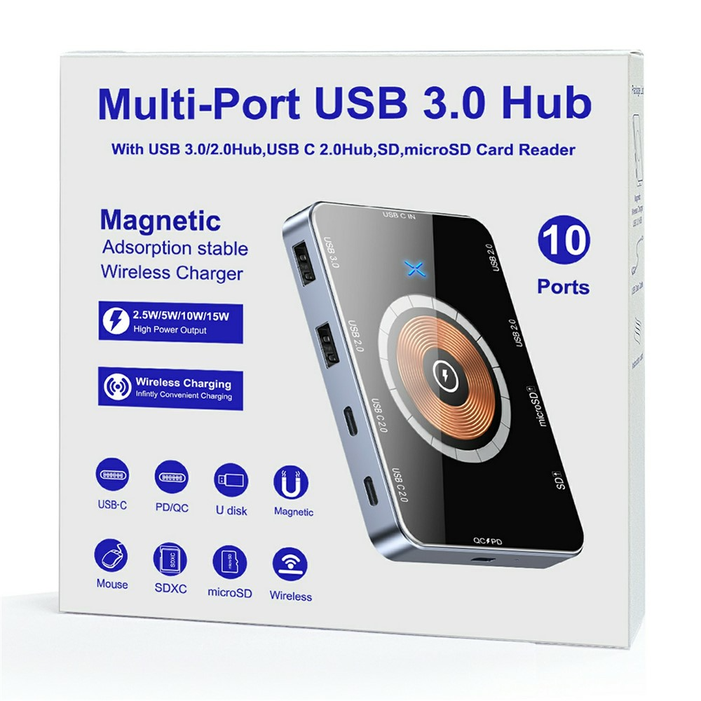 USB-C-hubi langattomalla QI-latauksella OEM YC7209, 10in1, harmaa