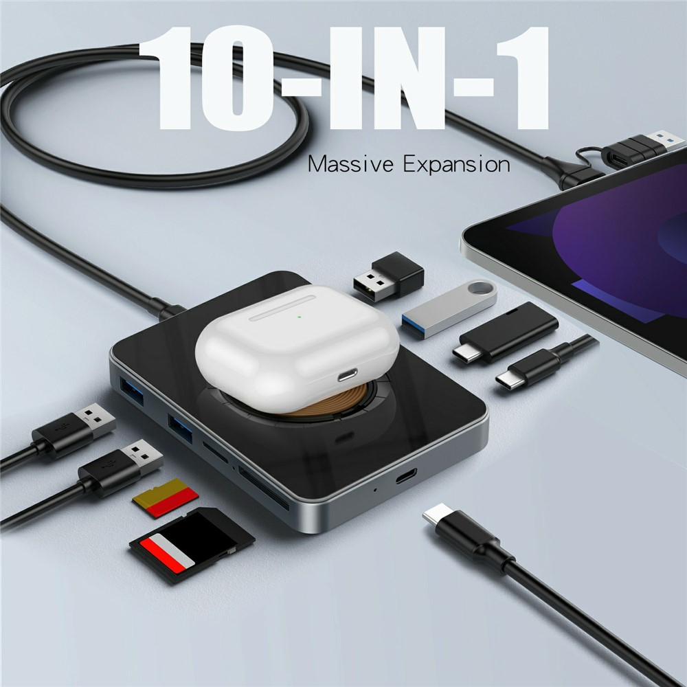 USB-C-hubi langattomalla QI-latauksella OEM YC7209, 10in1, harmaa