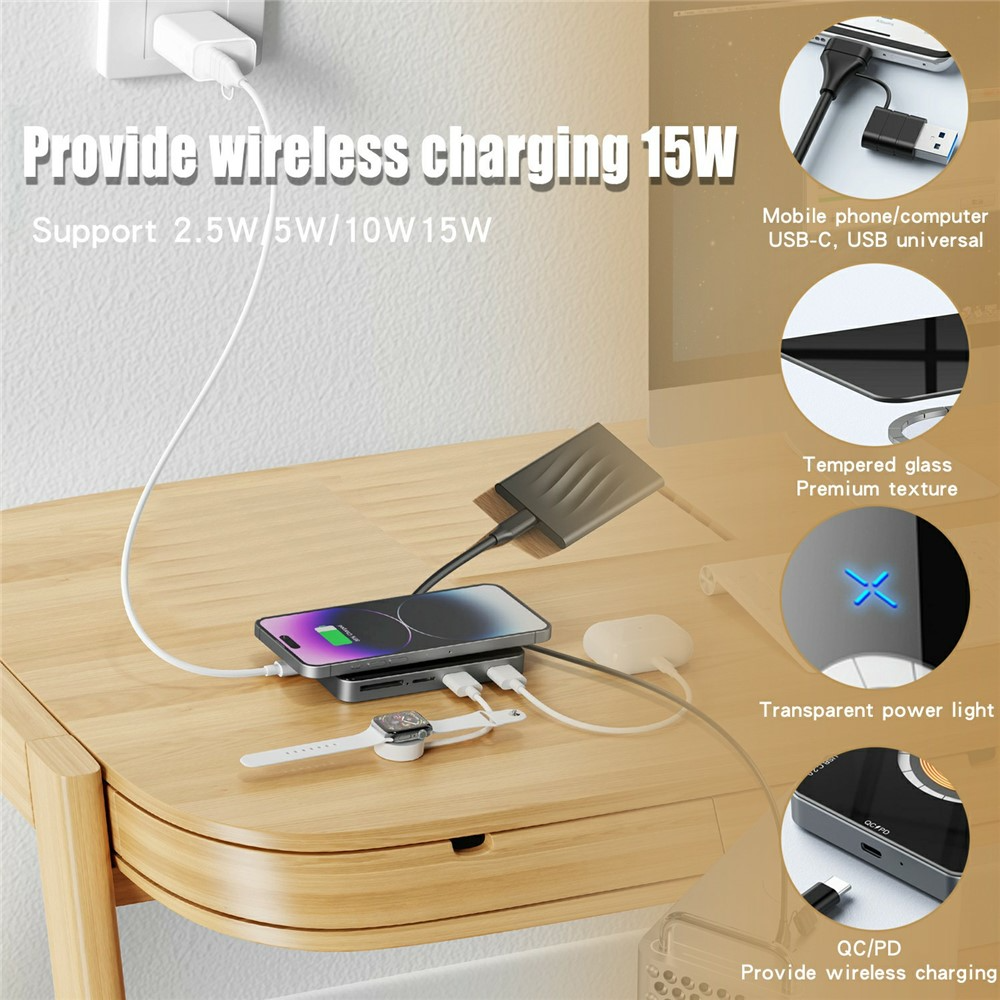 USB-C-hubi langattomalla QI-latauksella OEM YC7209, 10in1, harmaa