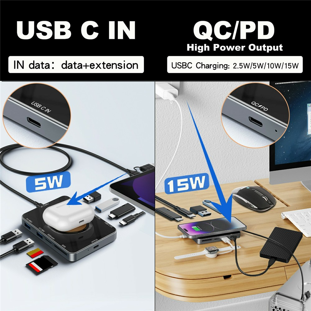 USB-C-hubi langattomalla QI-latauksella OEM YC7209, 10in1, harmaa