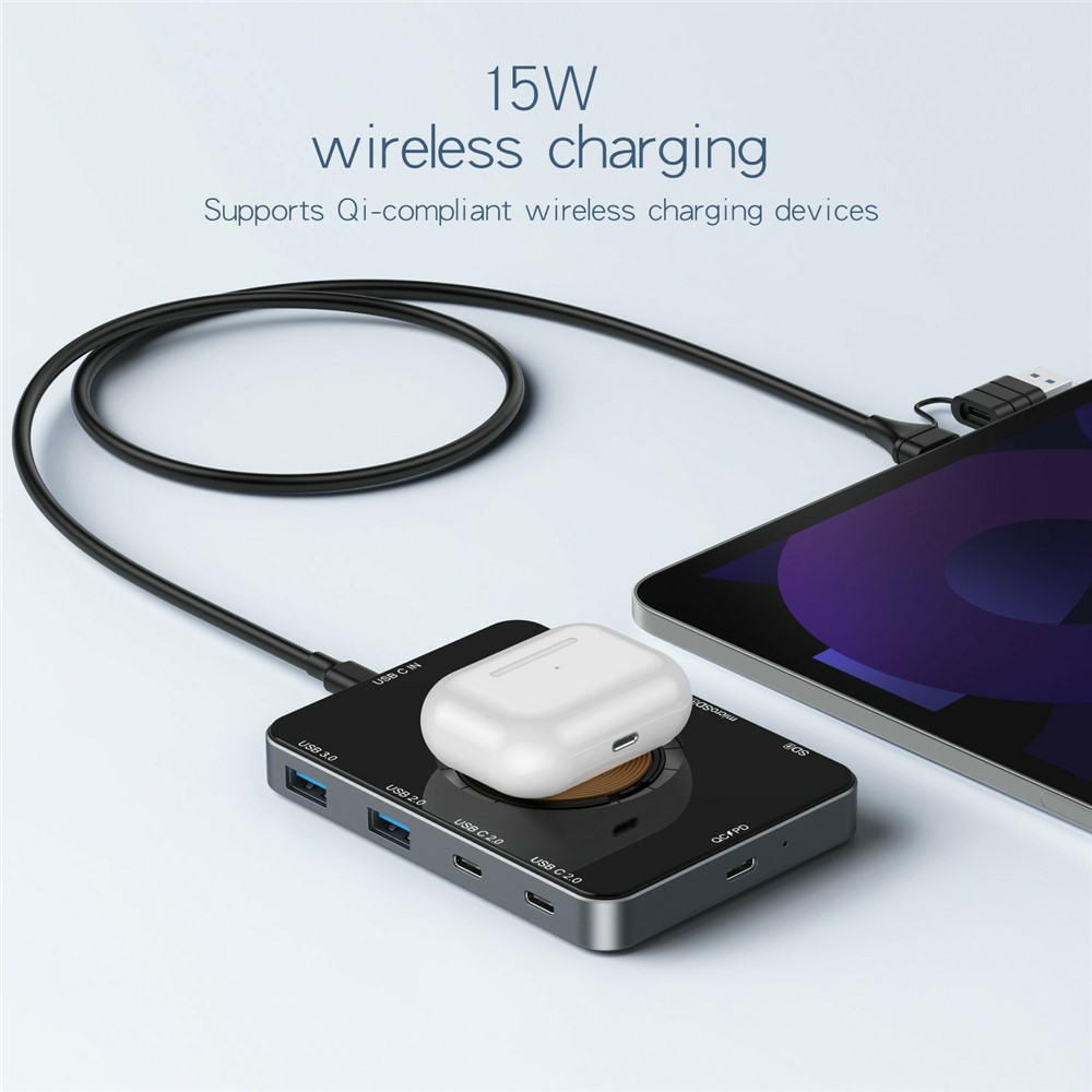 USB-C-hubi langattomalla QI-latauksella OEM YC7209, 10in1, harmaa