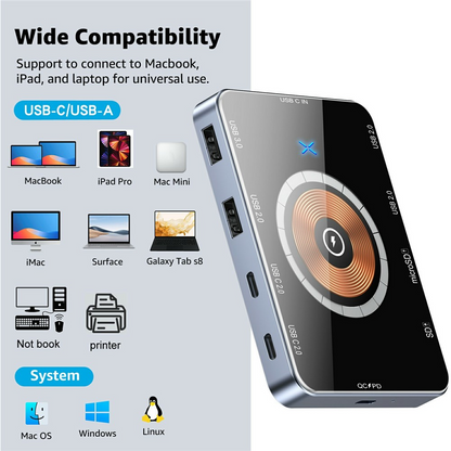 USB-C-hubi langattomalla QI-latauksella OEM YC7209, 10in1, harmaa
