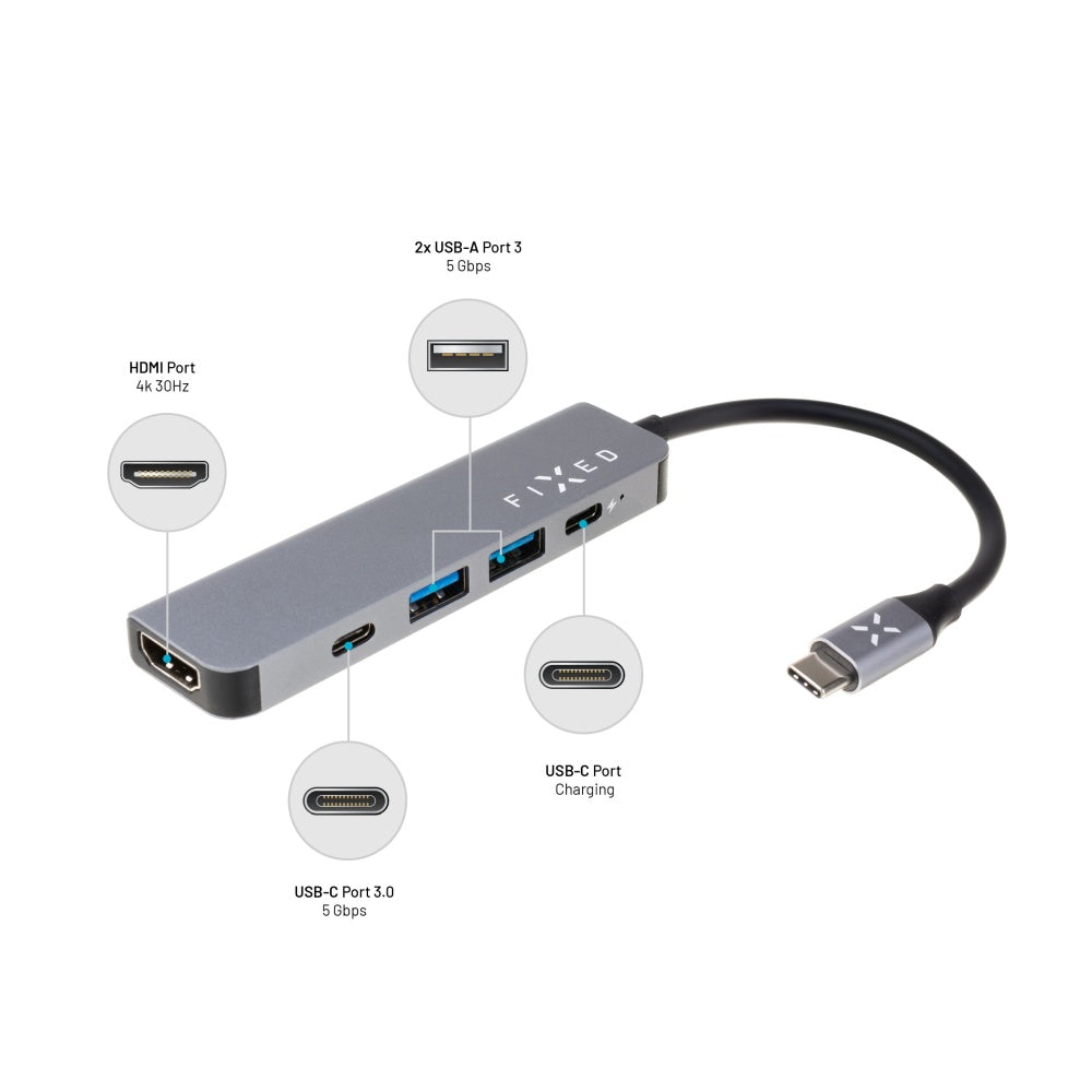 USB-C Fixed -hubi, 4in1, Harmaa