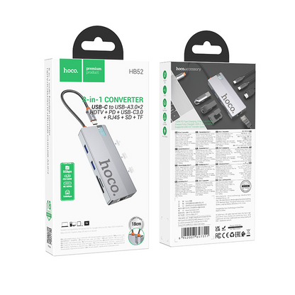 USB-C-keskitin HOCO HB52, 2 x USB-A 3.0 - 2 x USB-C - 1 x HDMI - 1 x RJ45 - 1 x SD - 1 x microSD, Harmaa