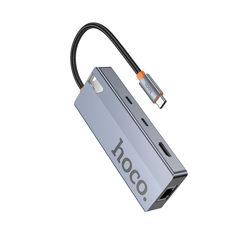 USB-C-keskitin HOCO HB52, 2 x USB-A 3.0 - 2 x USB-C - 1 x HDMI - 1 x RJ45 - 1 x SD - 1 x microSD, Harmaa