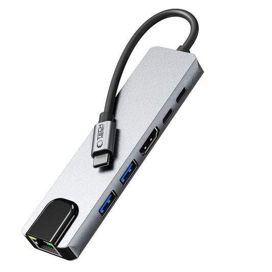 Hub USB-C Tech-Protect HB02, 1 x USB-A 3.0 - 1 x USB-A - 2 x USB-C - 1 x HDMI - 1 x RJ45, Harmaa