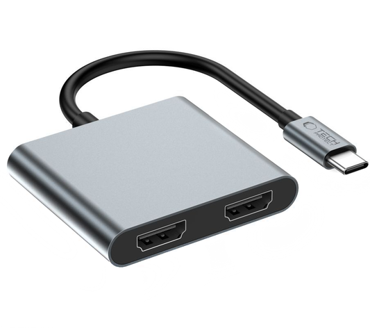 Hub USB-C Tech-Protect HB08, 1 x USB-A - 1 x USB-C - 2 x HDMI, Harmaa