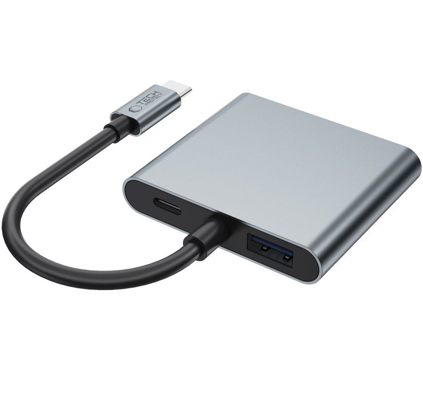 Hub USB-C Tech-Protect HB08, 1 x USB-A - 1 x USB-C - 2 x HDMI, Harmaa