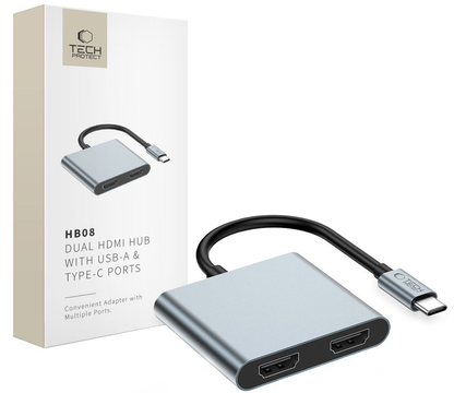 Hub USB-C Tech-Protect HB08, 1 x USB-A - 1 x USB-C - 2 x HDMI, Harmaa