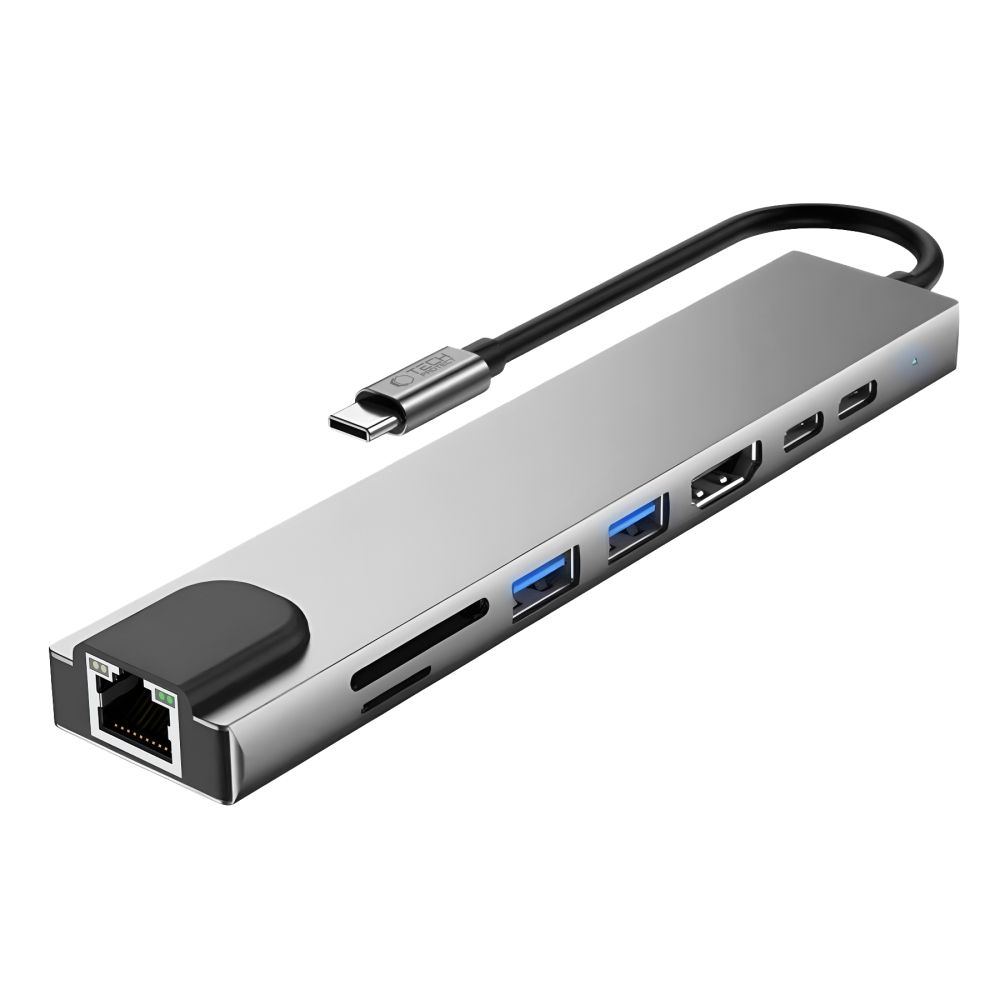 USB-C Hub Tech-Protect HB09, 2 x USB-A 3.0 - 2 x USB-C - 1 x HDMI - 1 x RJ45 - 1 x SD - 1 x microSD, Harmaa