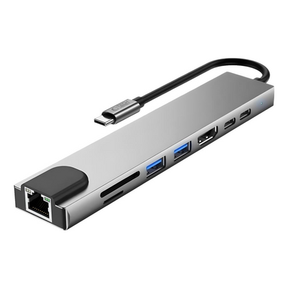 USB-C Hub Tech-Protect HB09, 2 x USB-A 3.0 - 2 x USB-C - 1 x HDMI - 1 x RJ45 - 1 x SD - 1 x microSD, Harmaa