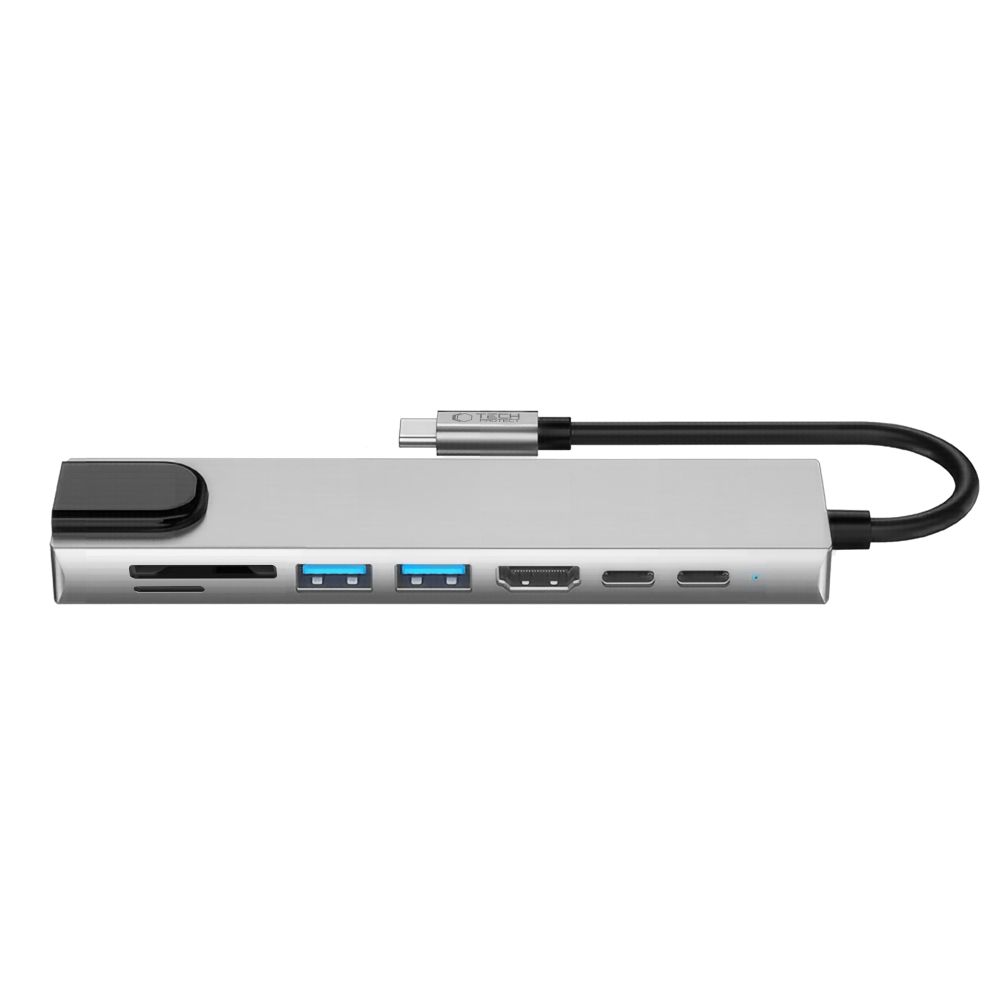 USB-C Hub Tech-Protect HB09, 2 x USB-A 3.0 - 2 x USB-C - 1 x HDMI - 1 x RJ45 - 1 x SD - 1 x microSD, Harmaa