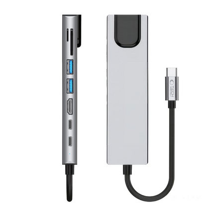 USB-C Hub Tech-Protect HB09, 2 x USB-A 3.0 - 2 x USB-C - 1 x HDMI - 1 x RJ45 - 1 x SD - 1 x microSD, Harmaa