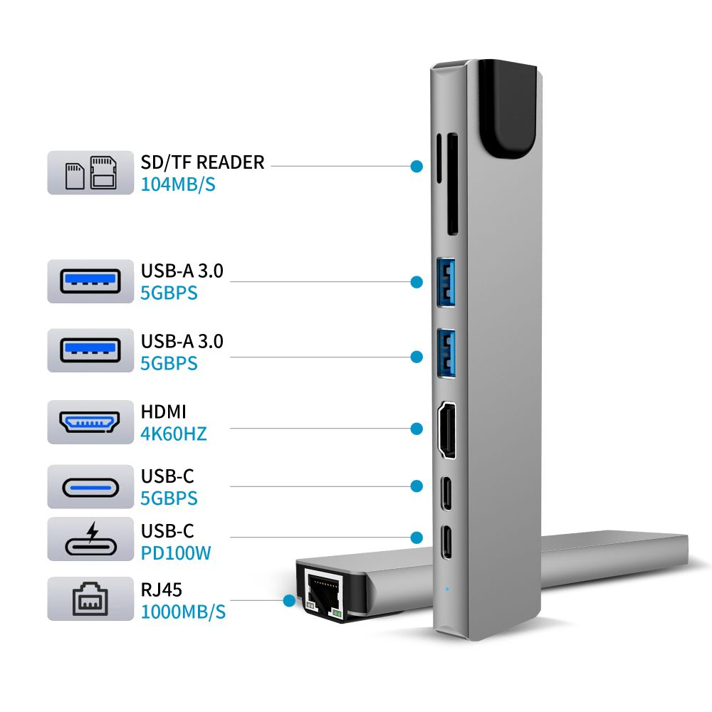USB-C Hub Tech-Protect HB09, 2 x USB-A 3.0 - 2 x USB-C - 1 x HDMI - 1 x RJ45 - 1 x SD - 1 x microSD, Harmaa