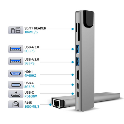 USB-C Hub Tech-Protect HB09, 2 x USB-A 3.0 - 2 x USB-C - 1 x HDMI - 1 x RJ45 - 1 x SD - 1 x microSD, Harmaa