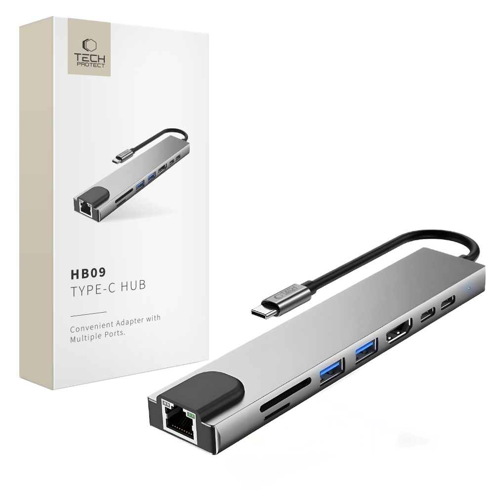 USB-C Hub Tech-Protect HB09, 2 x USB-A 3.0 - 2 x USB-C - 1 x HDMI - 1 x RJ45 - 1 x SD - 1 x microSD, Harmaa