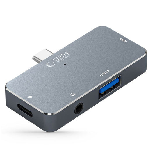 Keskitin USB-C Tech-Protect V6, 1 x USB-A - 1 x USB-C - 1 x HDMI - 1 x 3,5 mm liitin, harmaa