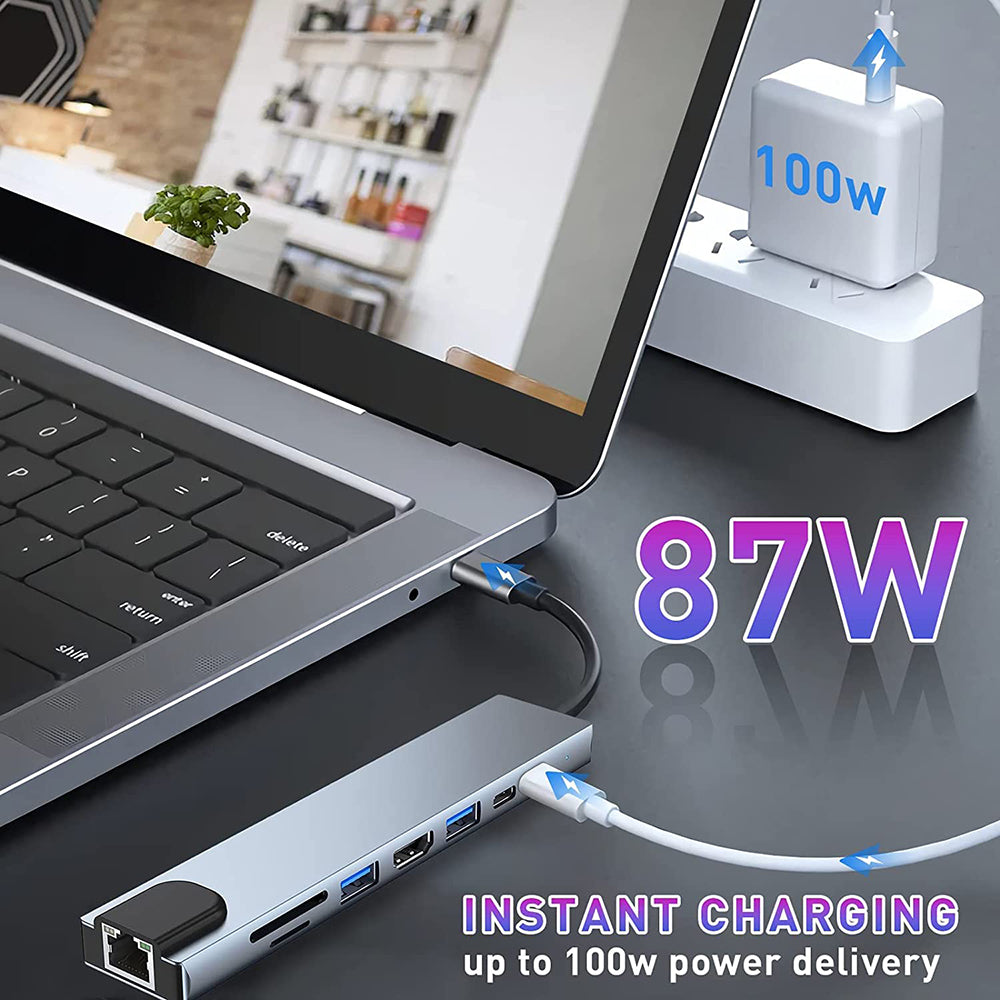 USB-C Techsuit H2 NetBridge -keskitin, 8in1, Harmaa