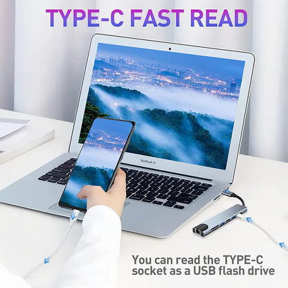 USB-C Techsuit H2 NetBridge -keskitin, 8in1, Harmaa