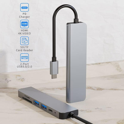 Hub USB-C Techsuit H5 TurboChargeX, 6in1, Harmaa