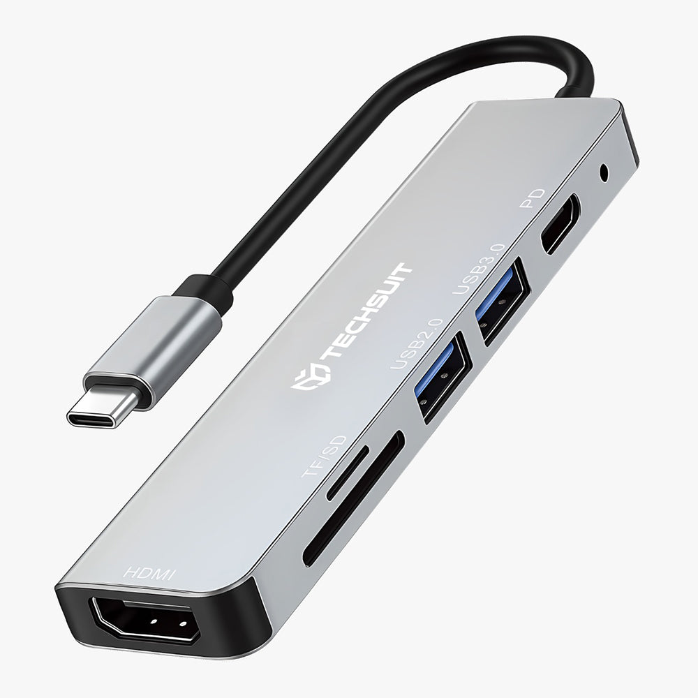 Hub USB-C Techsuit H5 TurboChargeX, 6in1, Harmaa