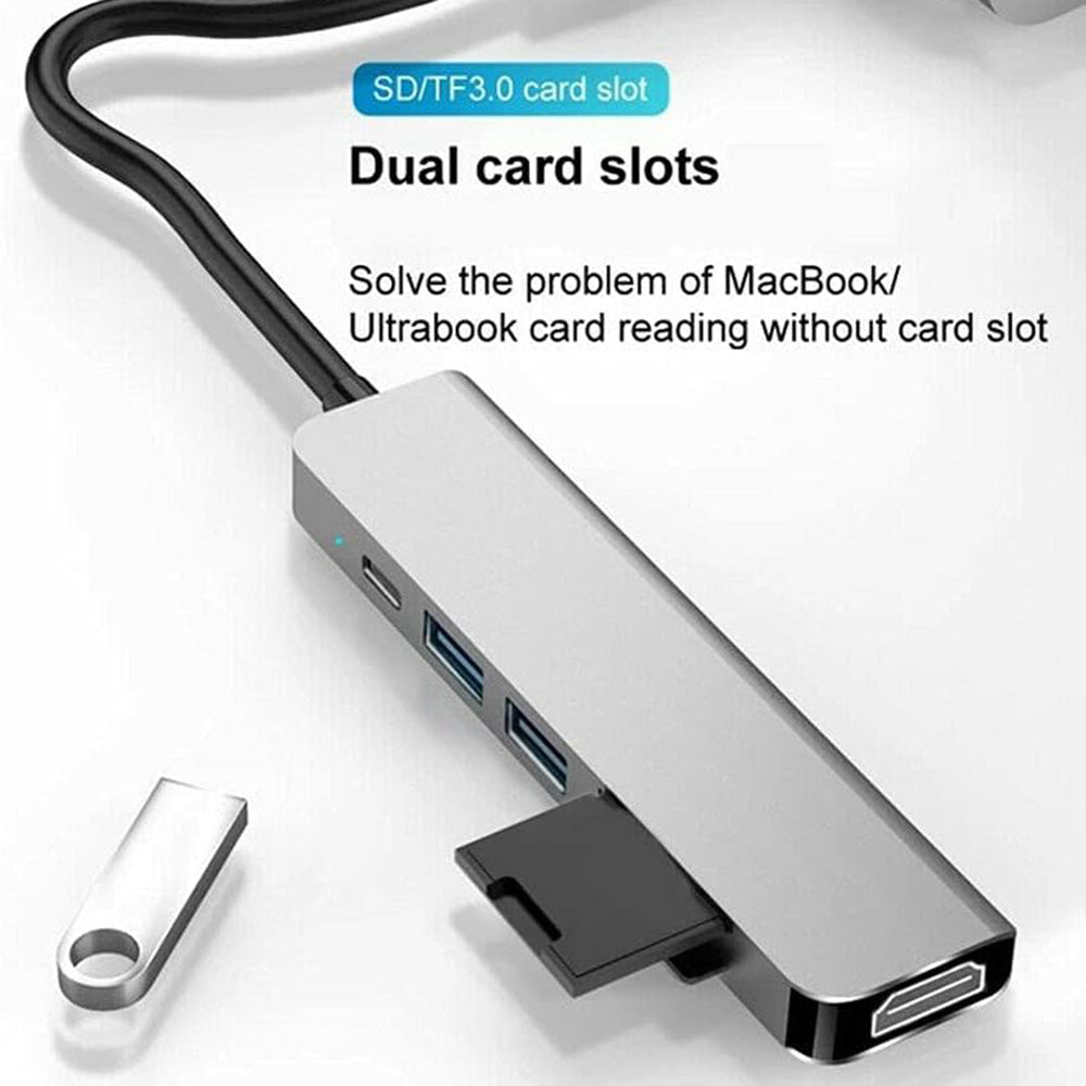 Hub USB-C Techsuit H5 TurboChargeX, 6in1, Harmaa