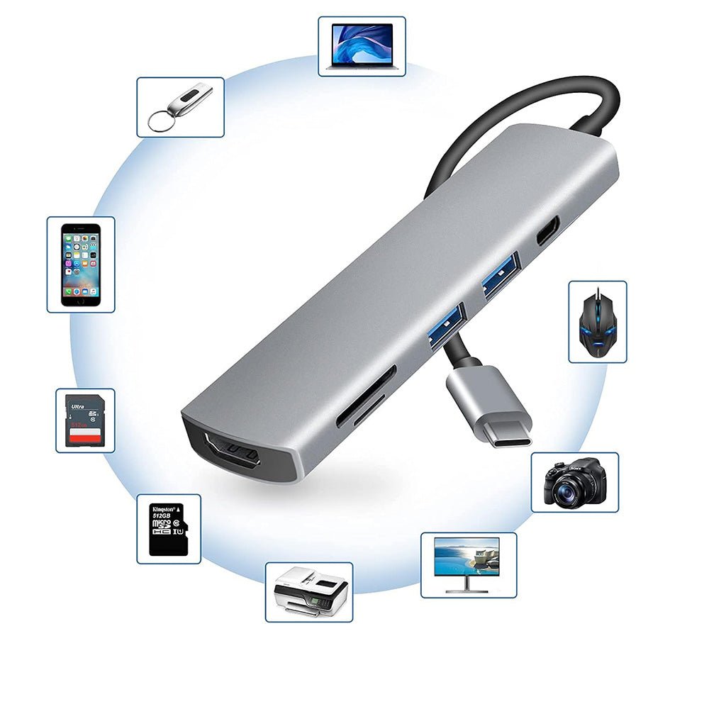 Hub USB-C Techsuit H5 TurboChargeX, 6in1, Harmaa