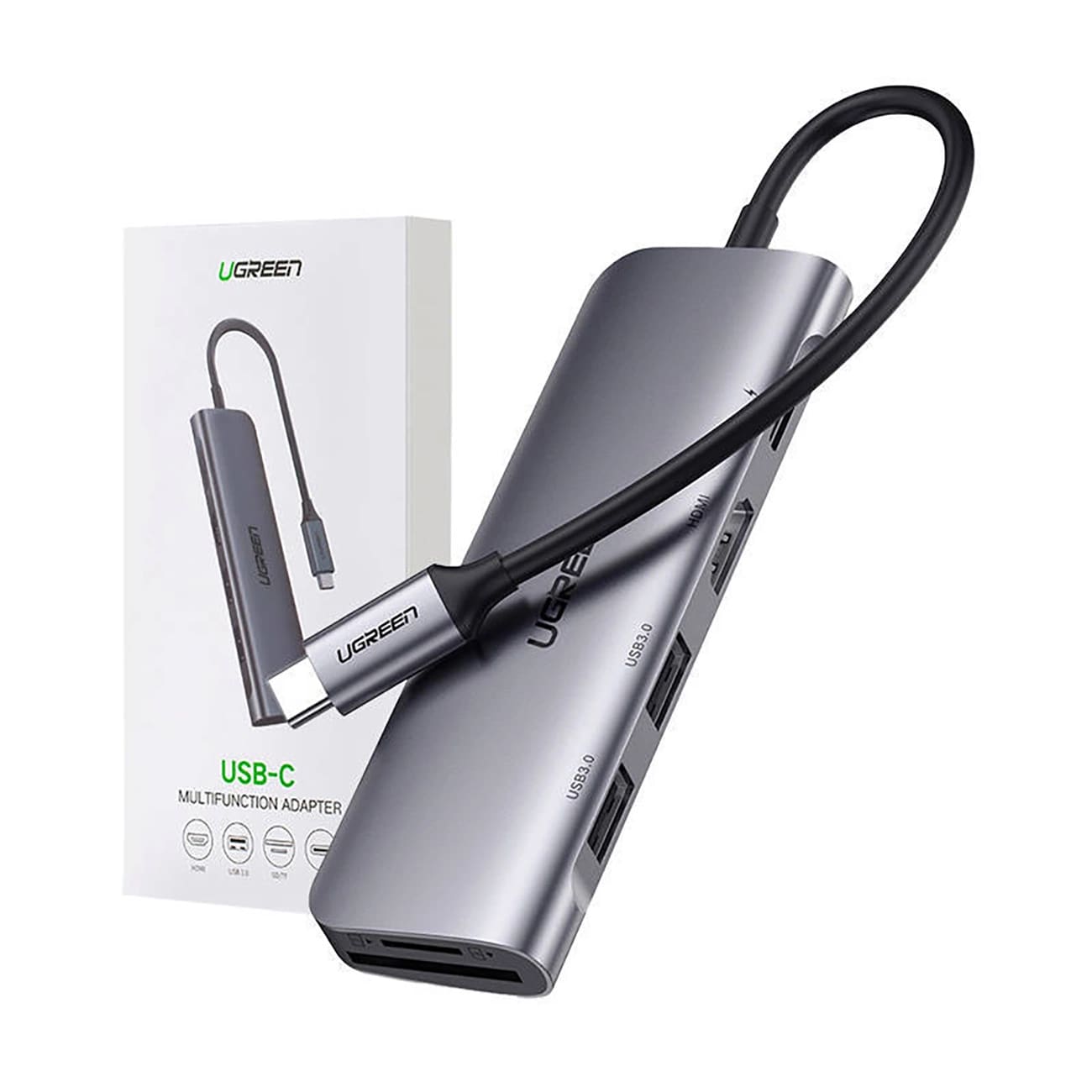 Hub USB-C UGREEN CM195 (15214), 2 x USB-A 3.0 - 1 x USB-C - 1 x HDMI - 1 x SD - 1 x microSD, Harmaa